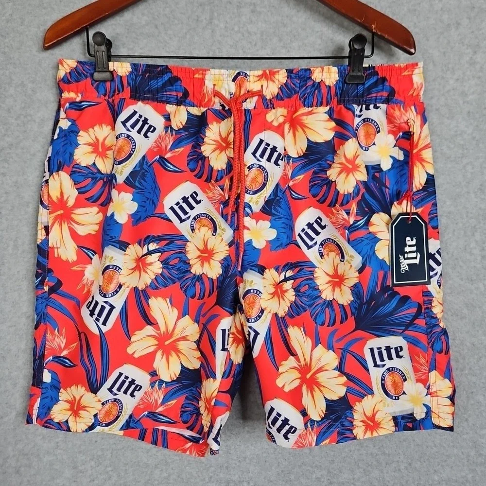 Miller Lite Tropical Floral Swim Trunk Shorts Mens Size‎ Med New Hawaiian Beach